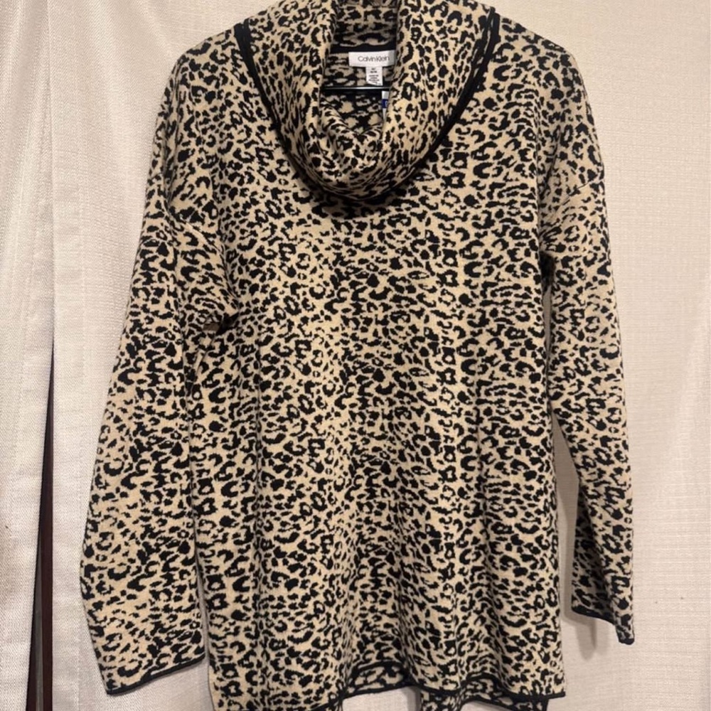 Calvin Klein Animal Print Cowl Neck Sweater - Black and Cream.